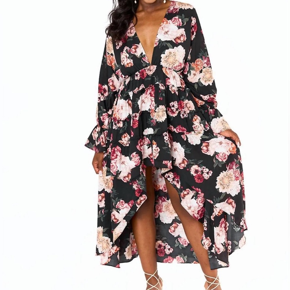 Floral High Low Maxi Dress with Long Sleeves